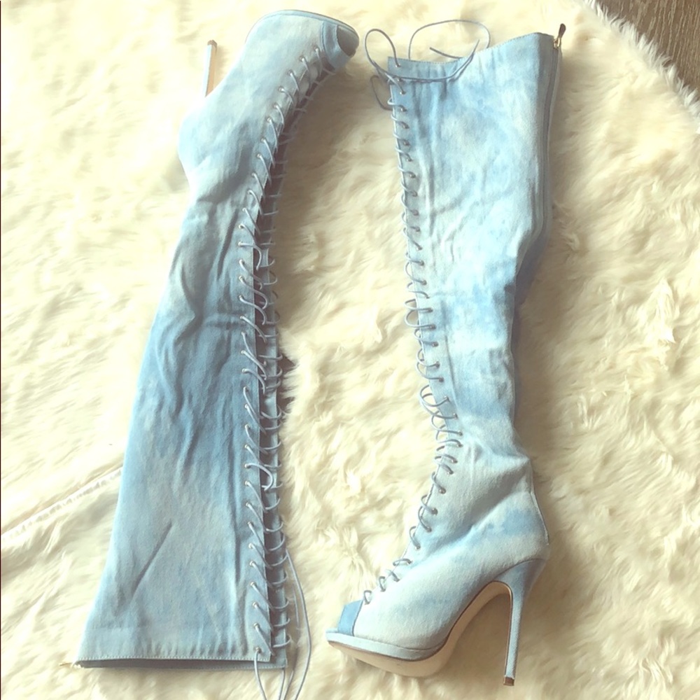 Over the knee denim laced boot